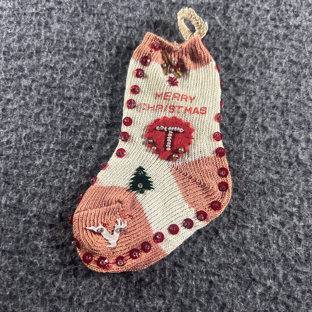 RARE VTG Jeweled Christmas Stocking Miniature Sock Santa Money‎ Holder ornament